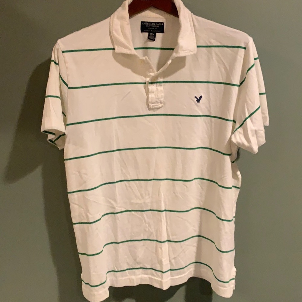 American eagle M medium polo shortsleeved tee white green stripes